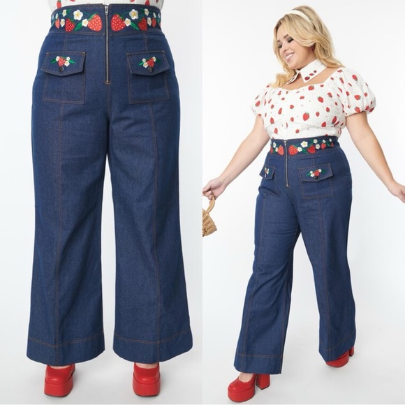 Smak Parlour Strawberry Blossom Embroidered Denim Wide Leg Pants High Rise 4X - Picture 2 of 16